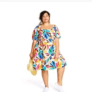 Botanical Print Puff Sleeve Mini Dress